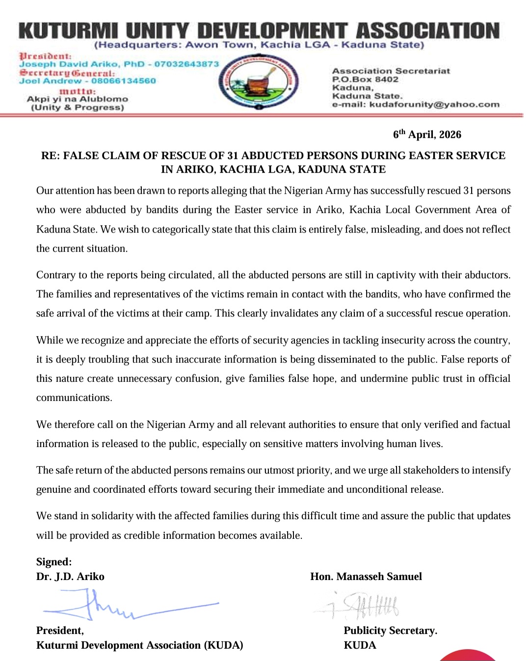 Easter Sunday Massacre, Army’s False Rescue Claims, and a Suspended Lawmaker: Civil Society Breaks Silence on Kaduna’s Descent into Terror